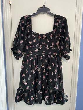 Inspired Hearts Black Floral Puff Sleeve Smocked Mini Dress